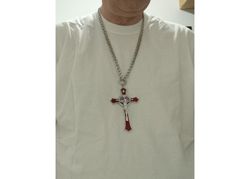 Edelstahl Halskette mit 12cm Kreuz Rot-Silber