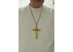 Edelstahl Halskette mit 12cm Kreuz Grün 