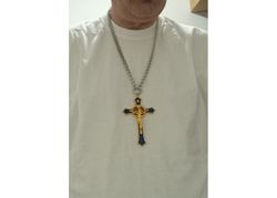 Edelstahl Halskette mit 12cm Kreuz Blau-Gold