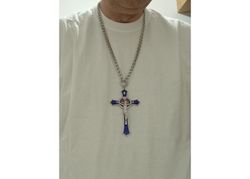 Edelstahl Halskette mit 12cm Kreuz Blau-Silber