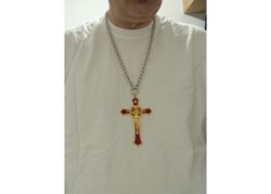 Edelstahl Halskette mit 12cm Kreuz Rot-Gold