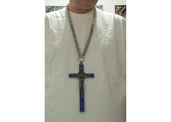 Edelstahl Halskette mit 20 cm Kreuz blau